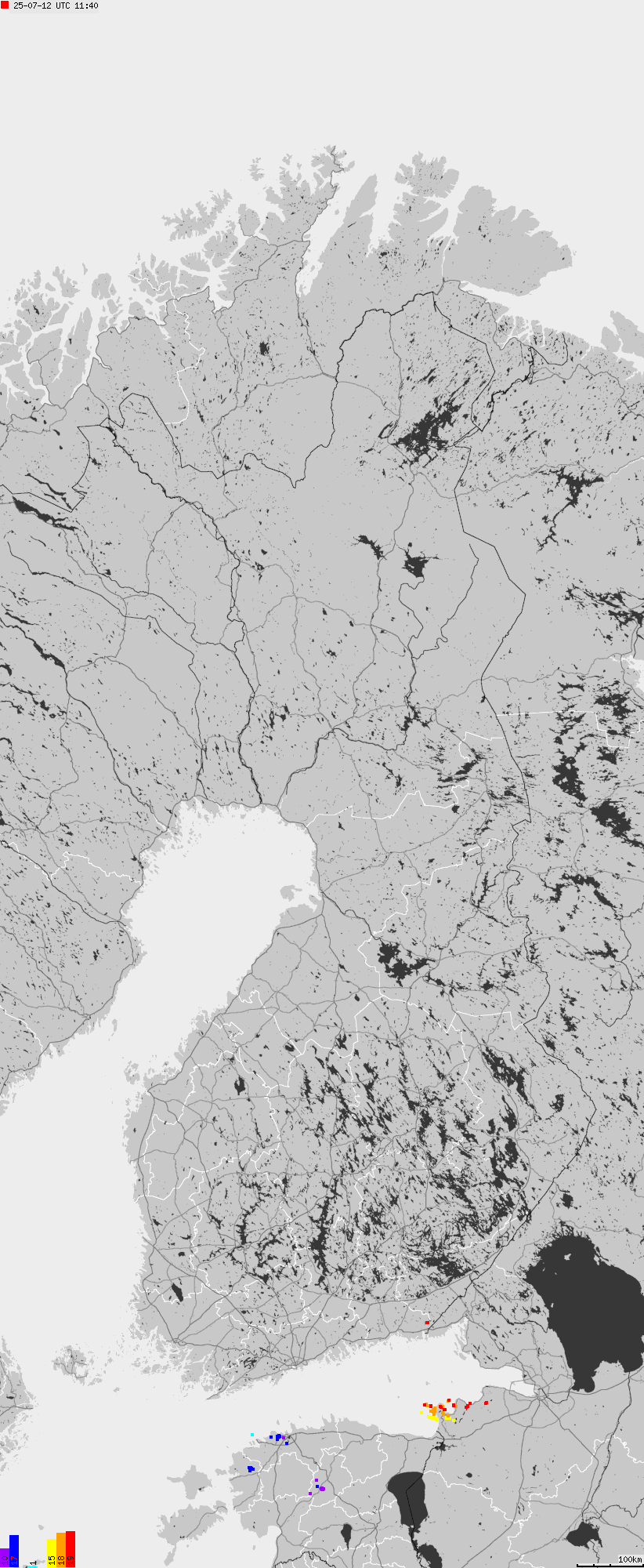 Mapa wyładowań atmosferycznych na obszarze Finlandii