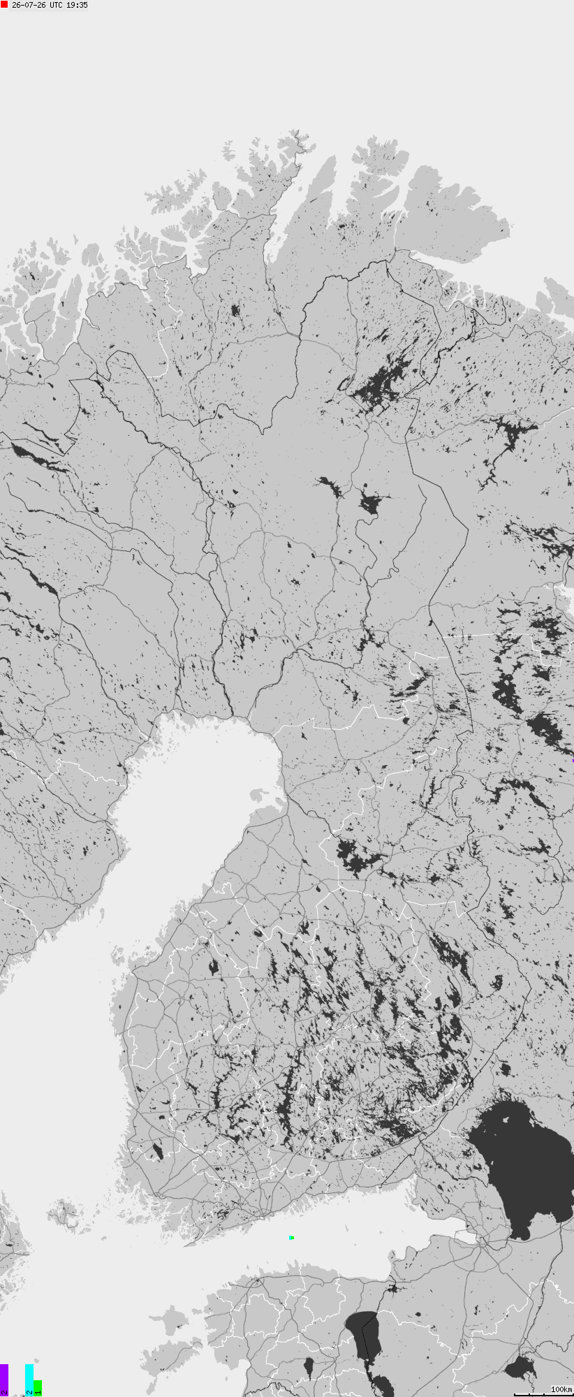 Mapa wyładowań atmosferycznych na obszarze Finlandii