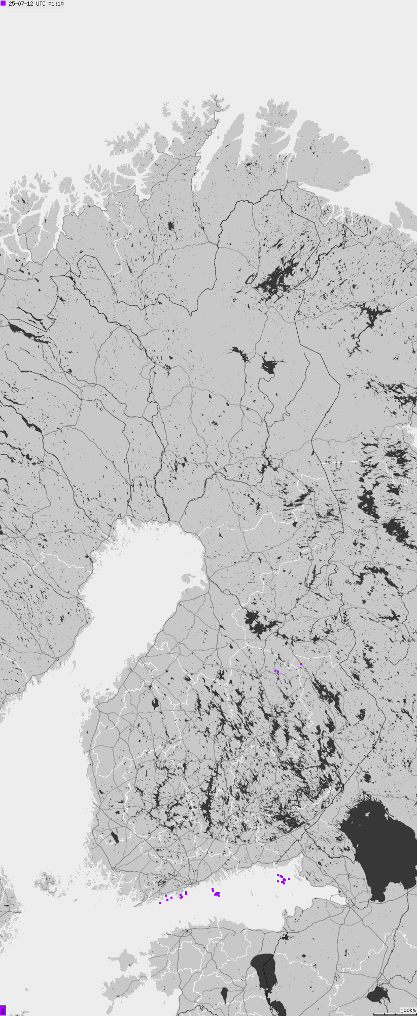 Mapa wyładowań atmosferycznych na obszarze Finlandii