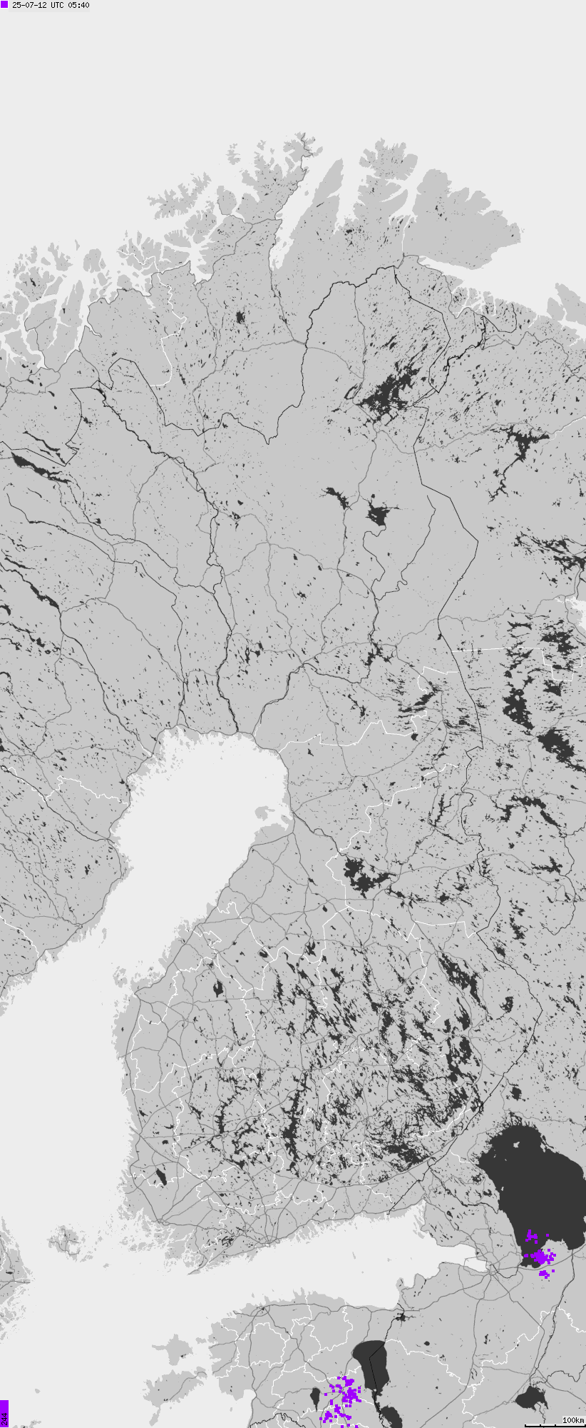 Mapa wyładowań atmosferycznych na obszarze Finlandii