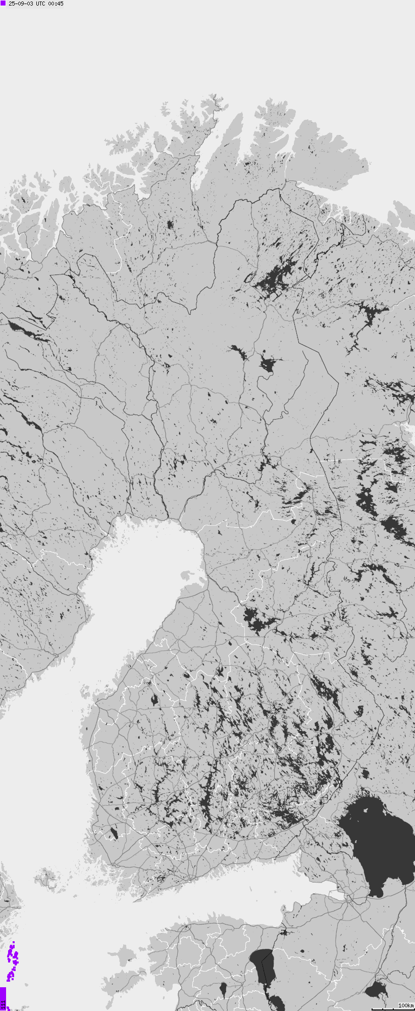 Mapa wyładowań atmosferycznych na obszarze Finlandii