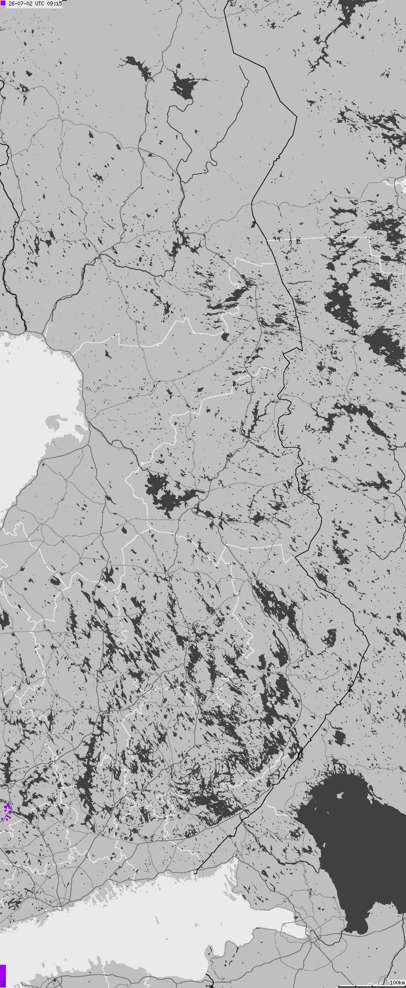 Mapa wyładowań atmosferycznych na obszarze Finlandii