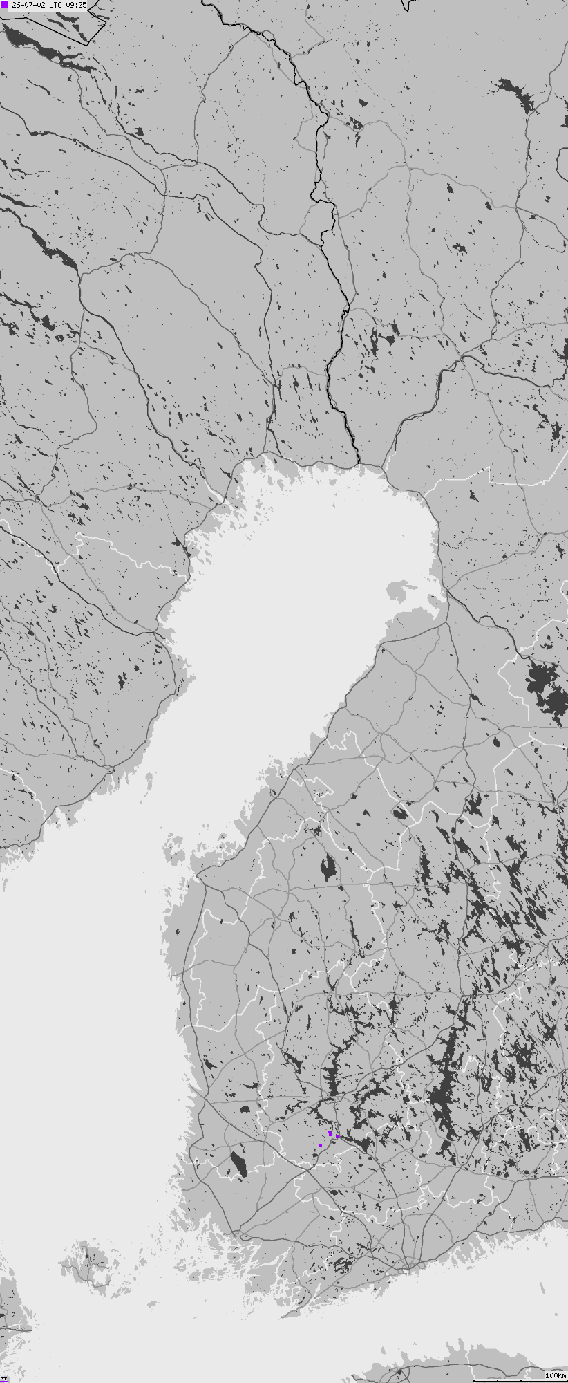 Mapa wyładowań atmosferycznych na obszarze Finlandii