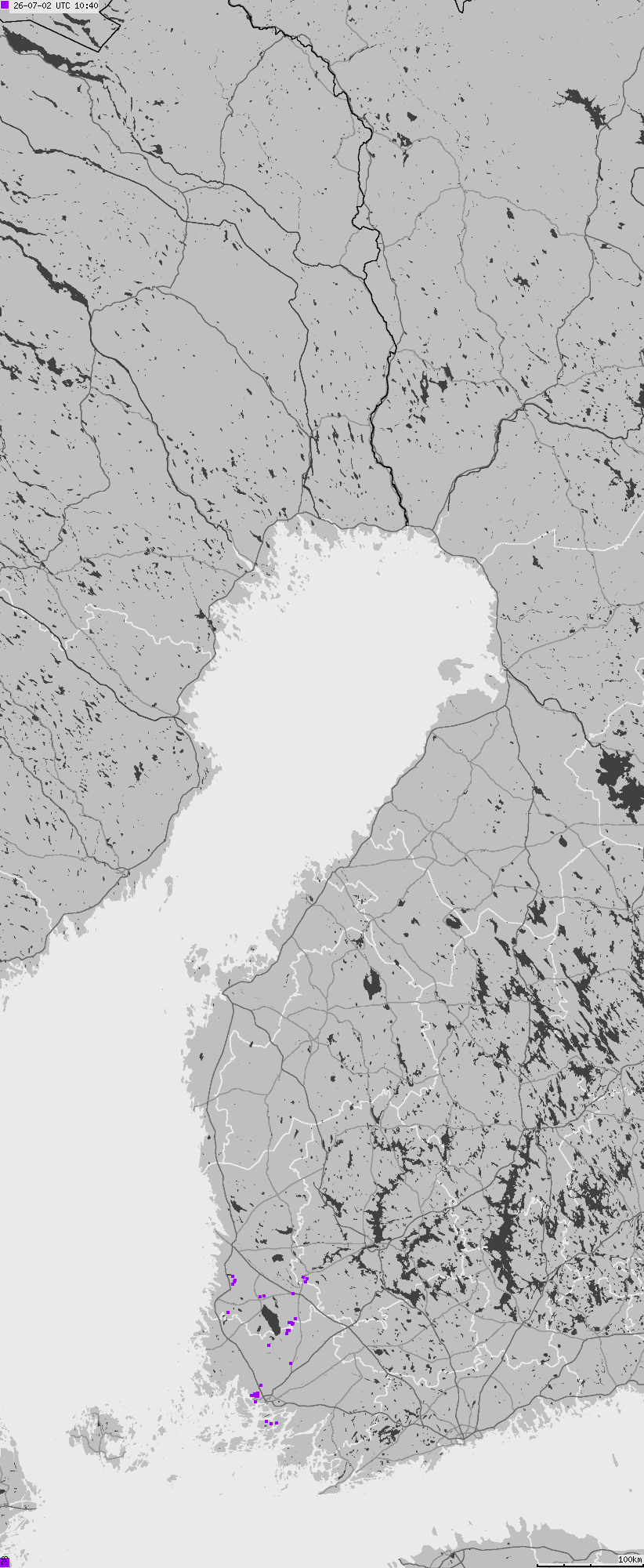 Mapa wyładowań atmosferycznych na obszarze Finlandii