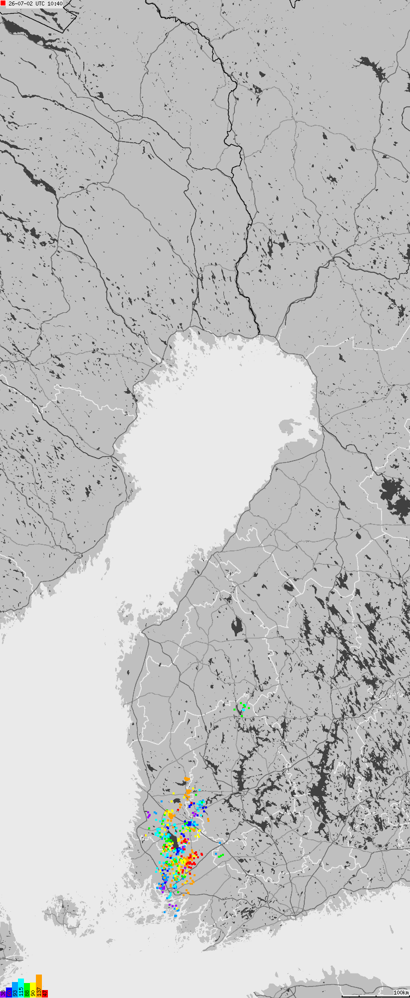 Mapa wyładowań atmosferycznych na obszarze Finlandii