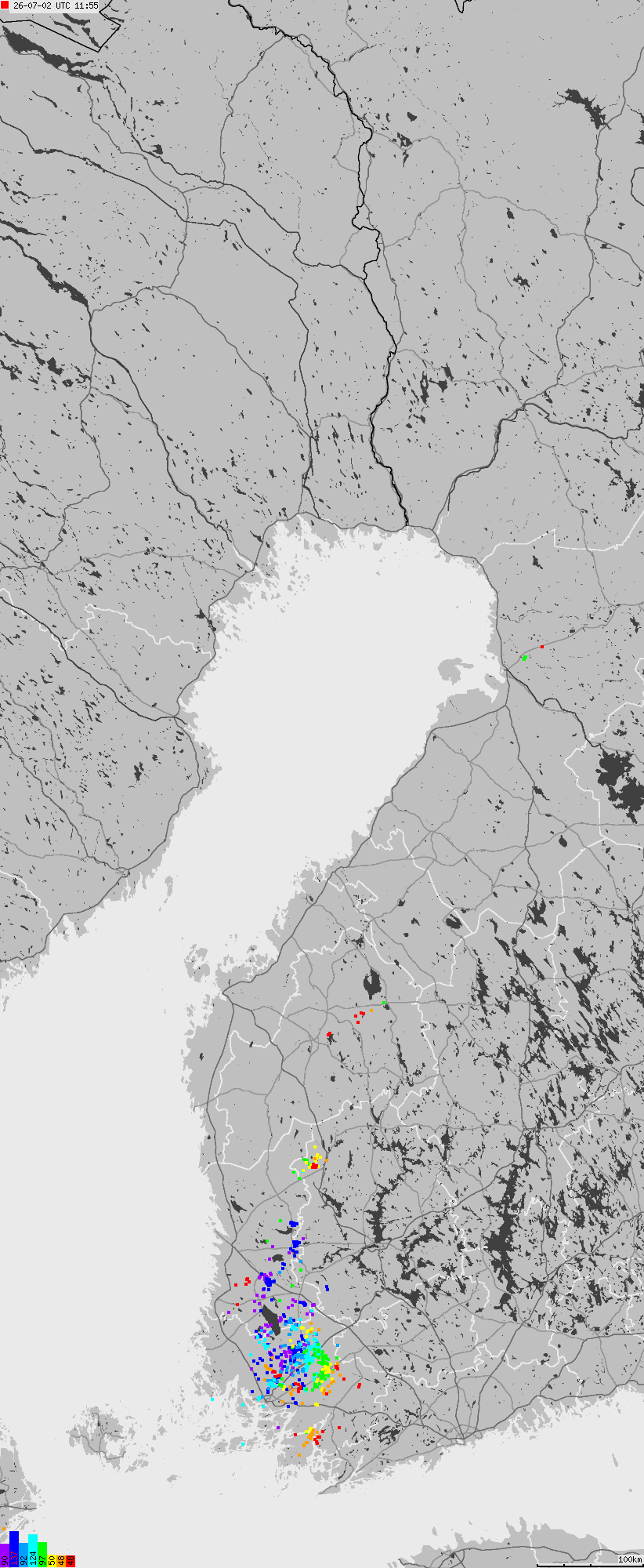 Mapa wyładowań atmosferycznych na obszarze Finlandii