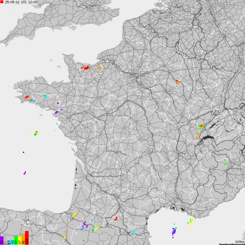 Mapa wyładowań atmosferycznych Francji