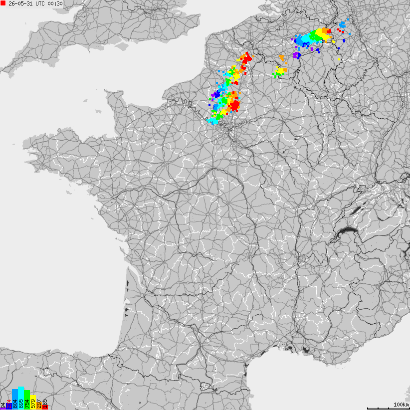 Mapa wyładowań atmosferycznych Francji