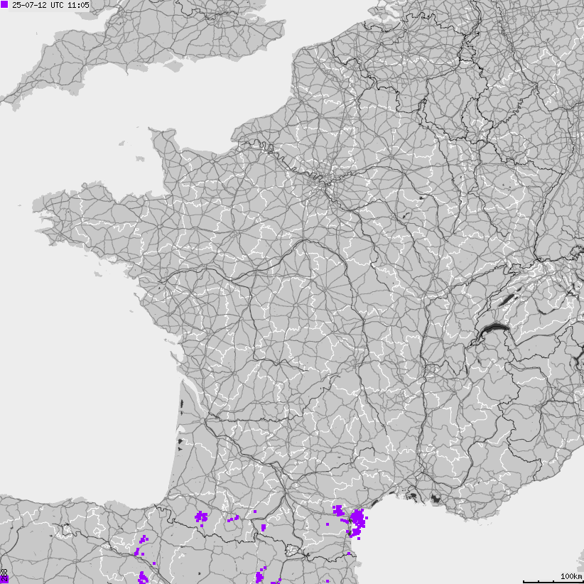 Mapa wyładowań atmosferycznych Francji