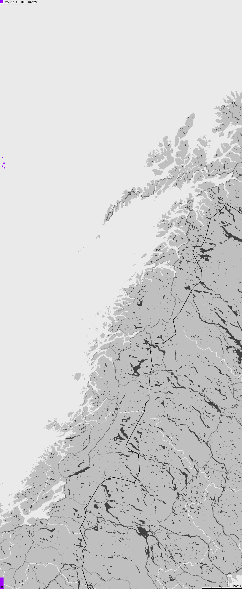 Mapa wyładowań atmosferycznych na obszarze Norwegii