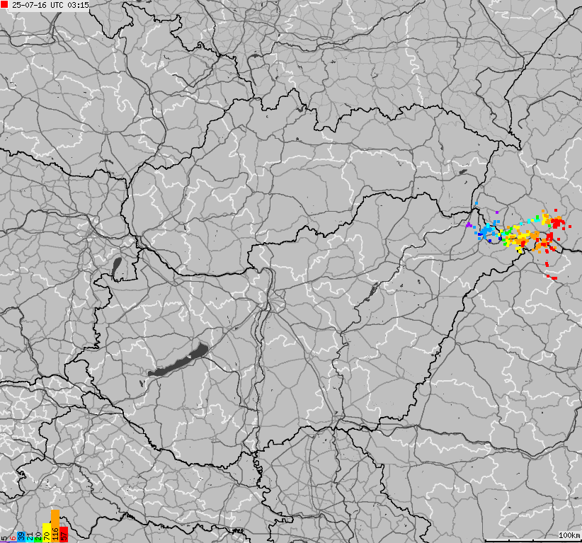 Map of lightnings across Slovakia, Hungary