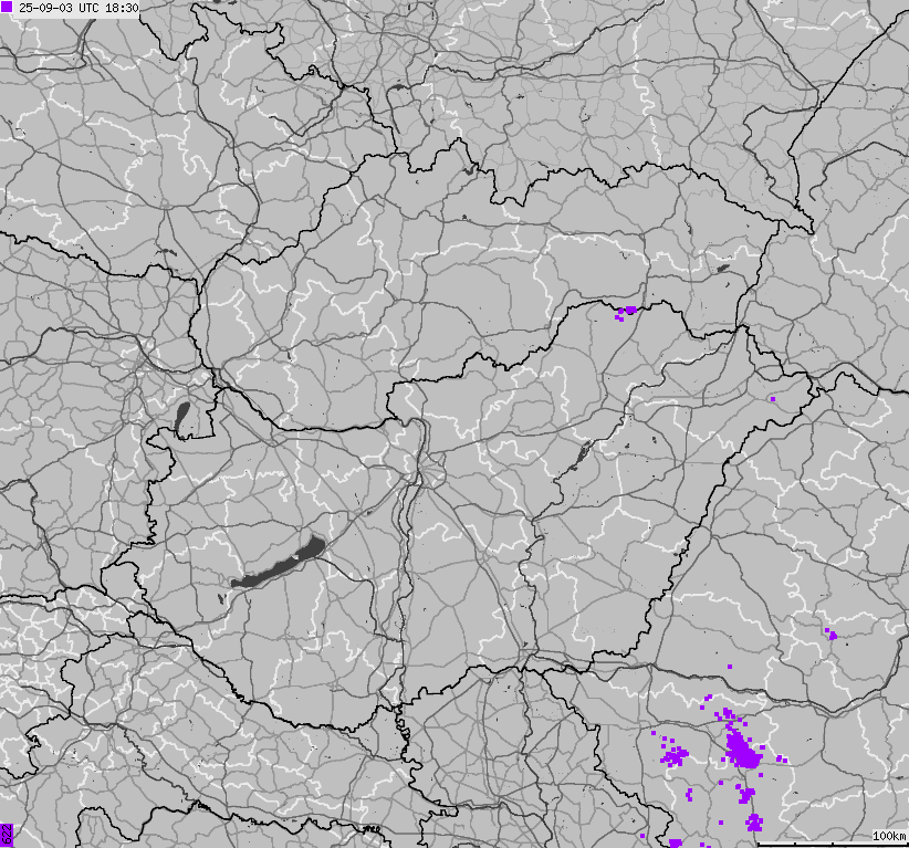 Map of lightnings across Slovakia, Hungary