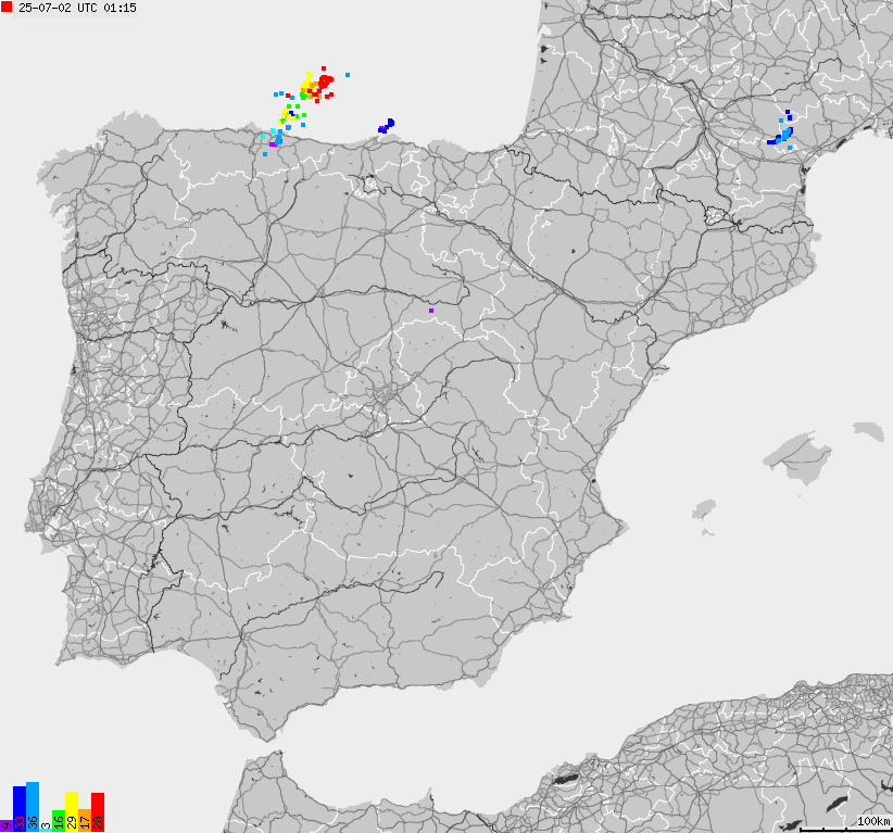 Mapa wyładowań atmosferycznych Hiszpanii, Portugalii