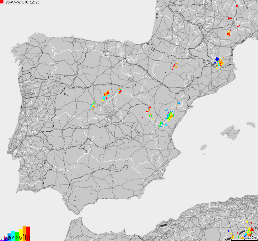 Mapa wyładowań atmosferycznych Hiszpanii, Portugalii