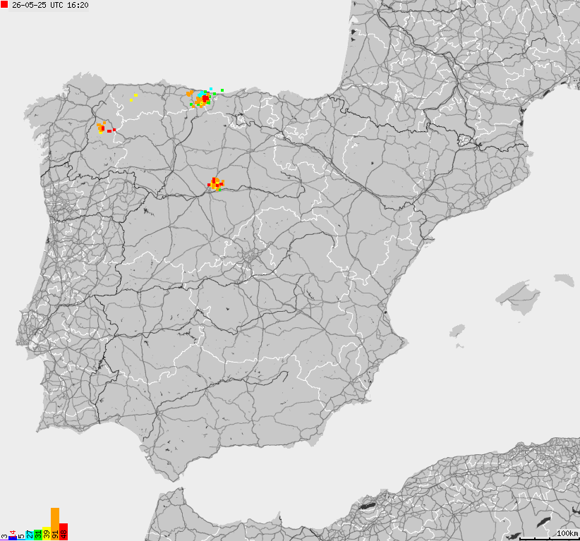 Mapa wyładowań atmosferycznych Hiszpanii, Portugalii
