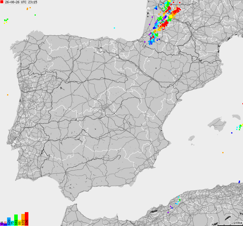 Mapa wyładowań atmosferycznych Hiszpanii, Portugalii