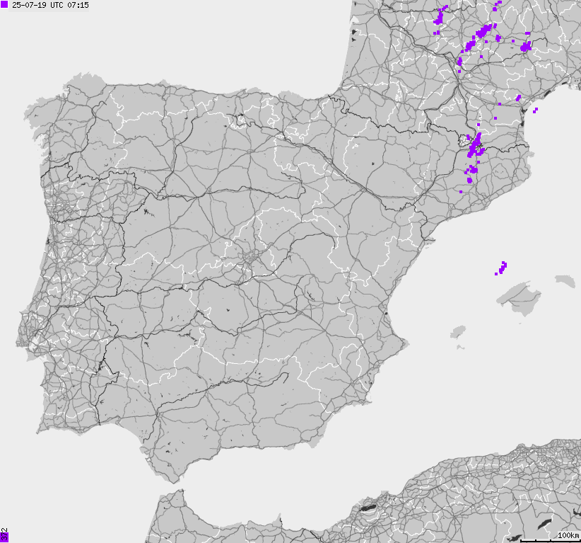 Mapa wyładowań atmosferycznych Hiszpanii, Portugalii