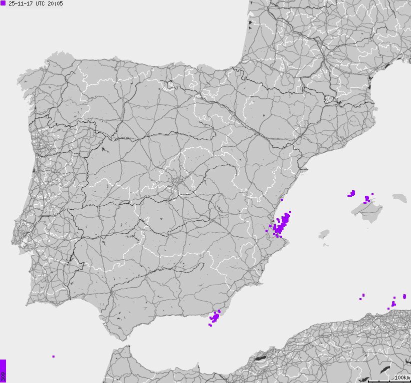 Mapa wyładowań atmosferycznych Hiszpanii, Portugalii