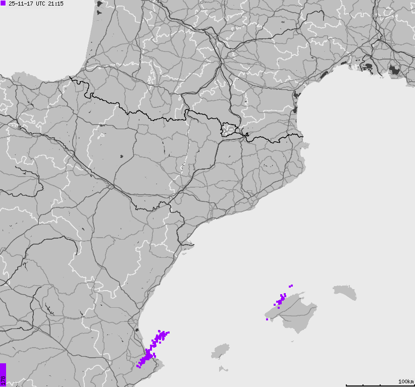 Mapa wyładowań atmosferycznych Hiszpanii, Portugalii