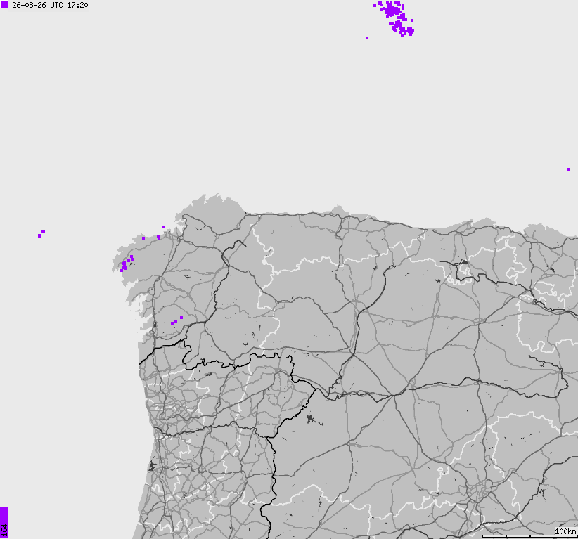 Mapa wyładowań atmosferycznych Hiszpanii, Portugalii