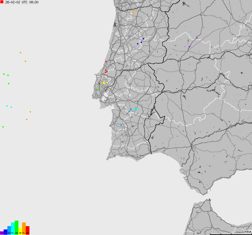 Mapa wyładowań atmosferycznych Hiszpanii, Portugalii