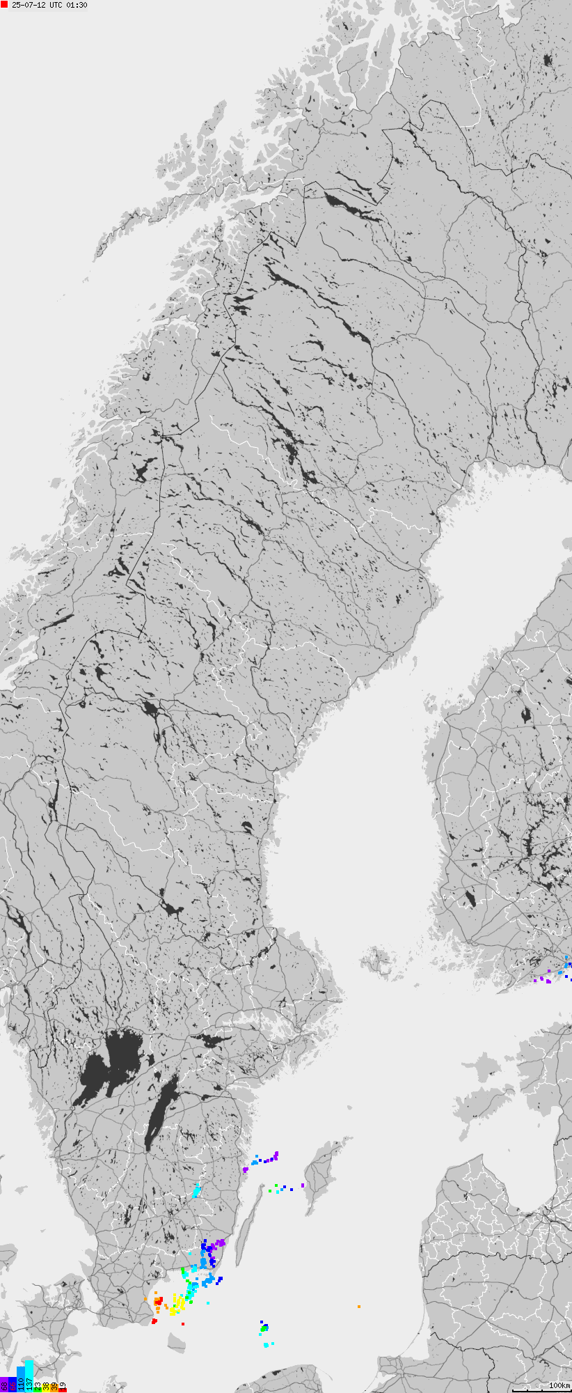 Map of lightnings across Sweden
