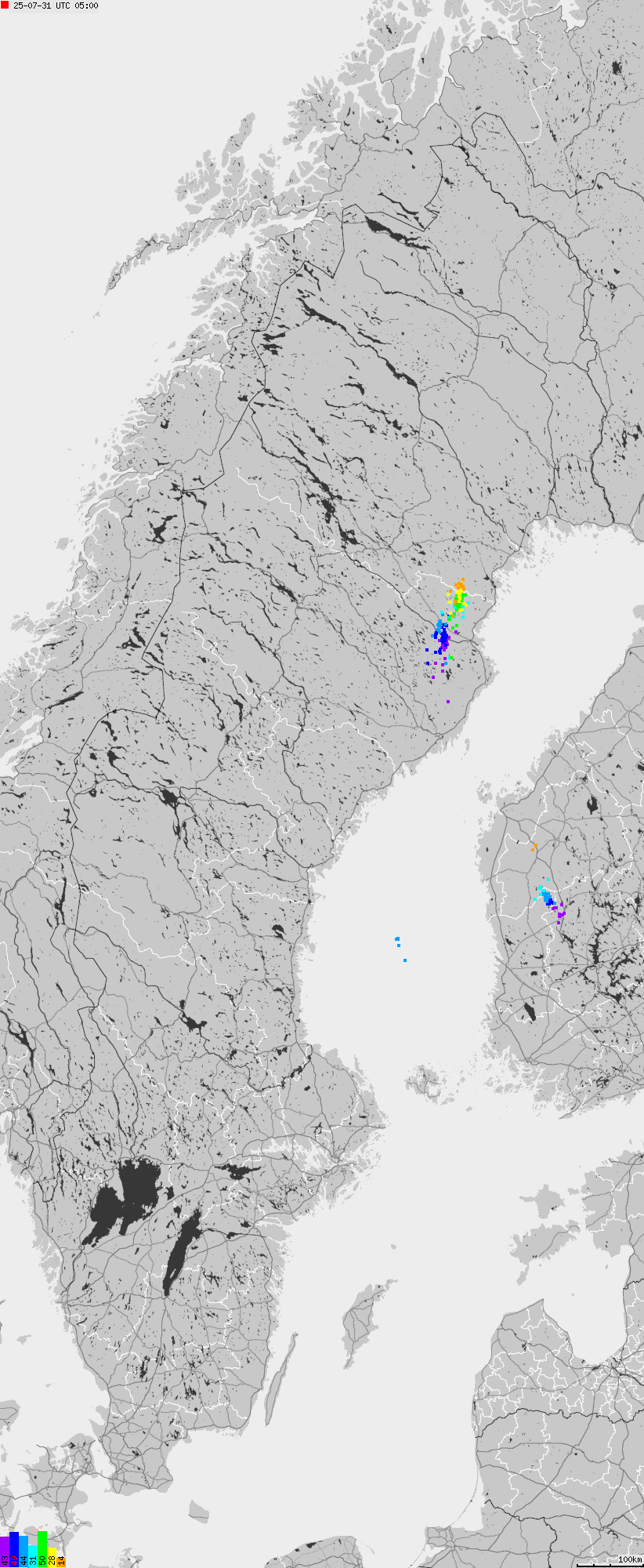 Mapa wyładowań atmosferycznych na obszarze Szwecji