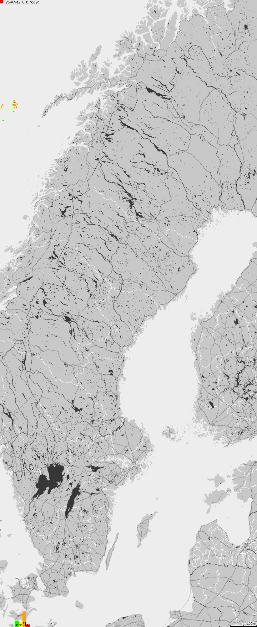 Map of lightnings across Sweden