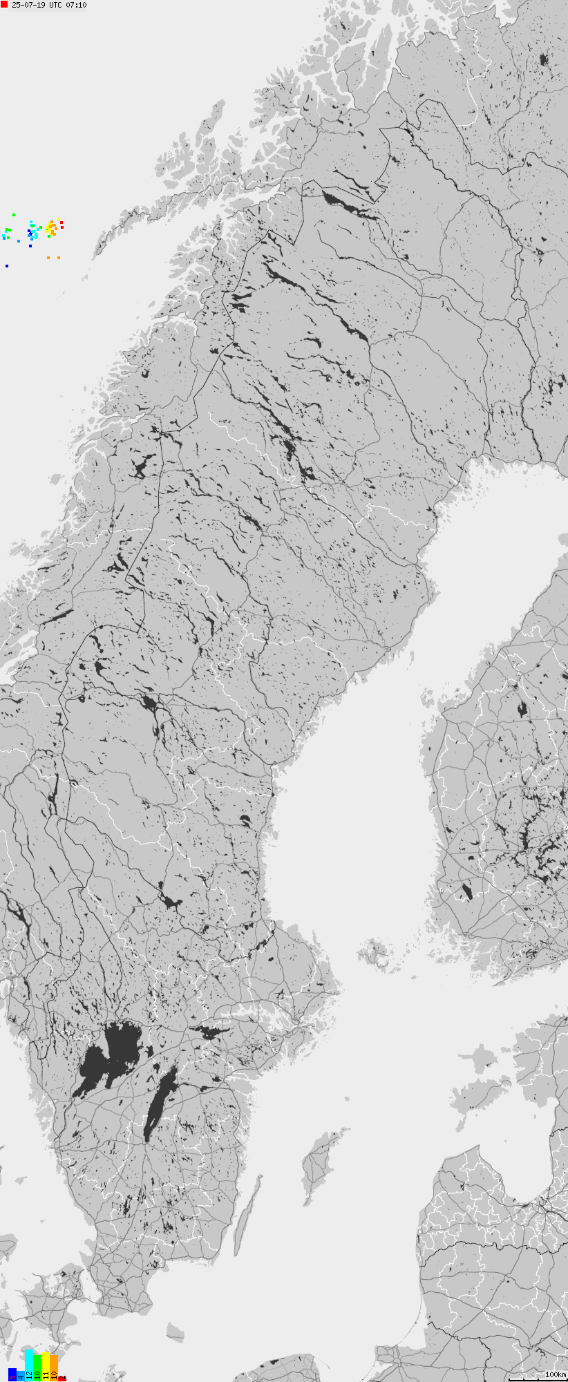 Mapa wyładowań atmosferycznych na obszarze Szwecji
