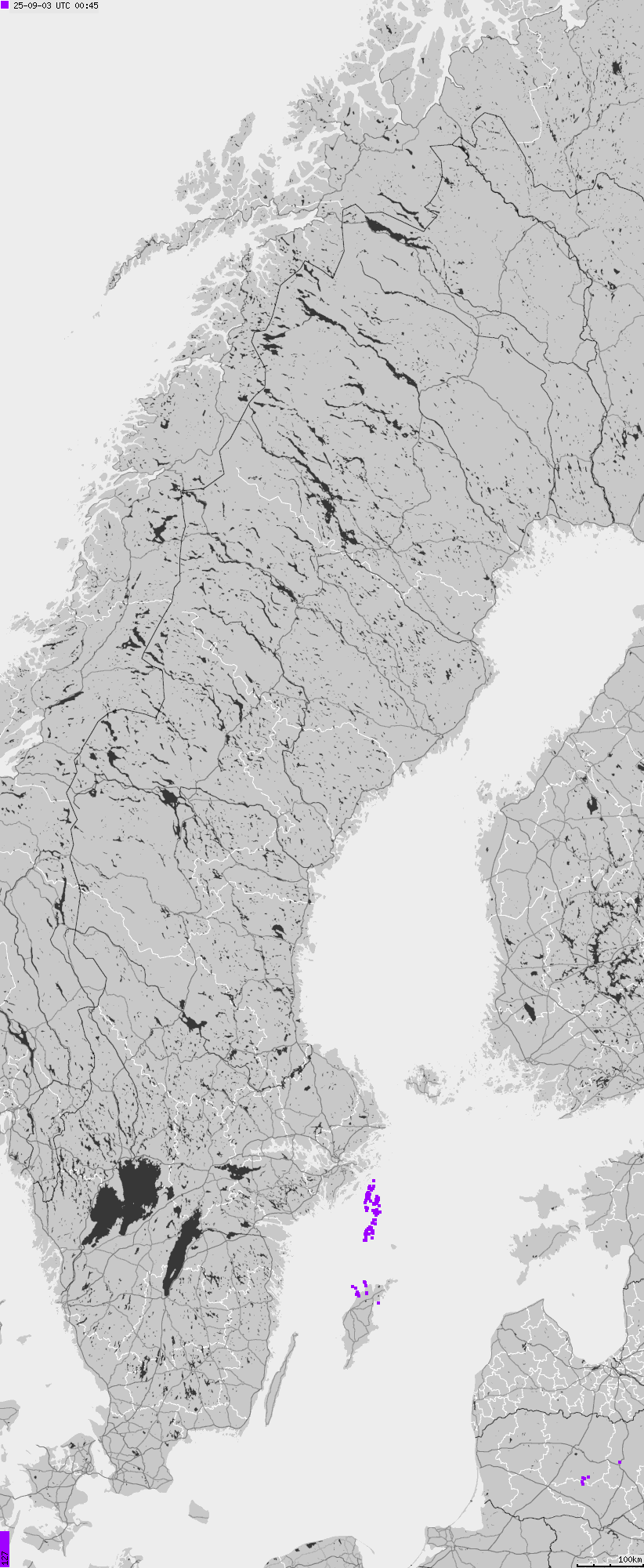 Mapa wyładowań atmosferycznych na obszarze Szwecji