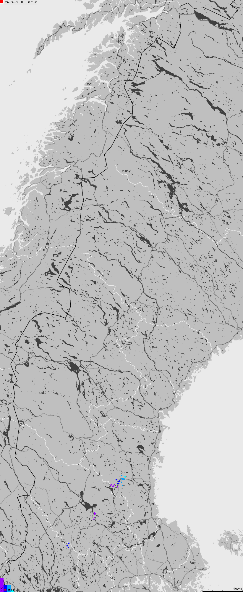 Mapa wyładowań atmosferycznych na obszarze Szwecji
