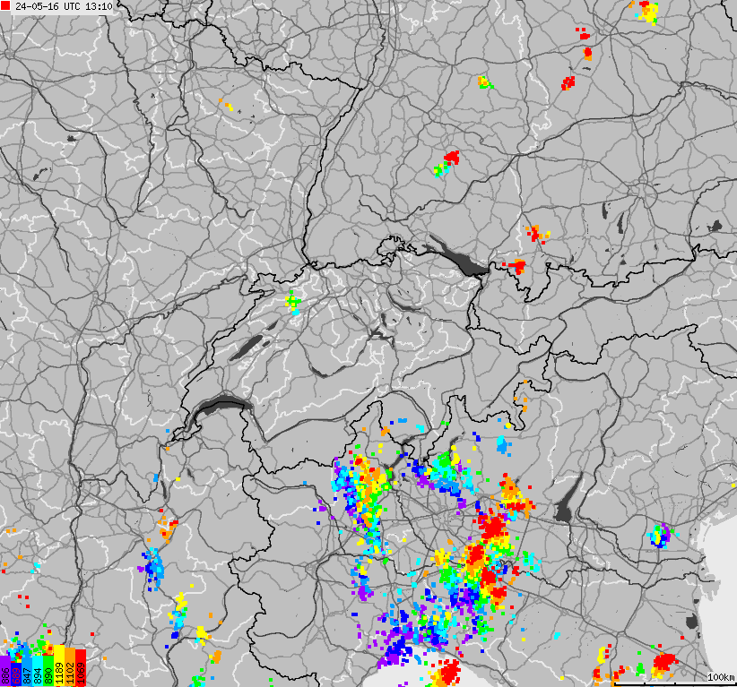 Mapa wyładowań atmosferycznych na obszarze Szwajcarii i Liechtensteinu
