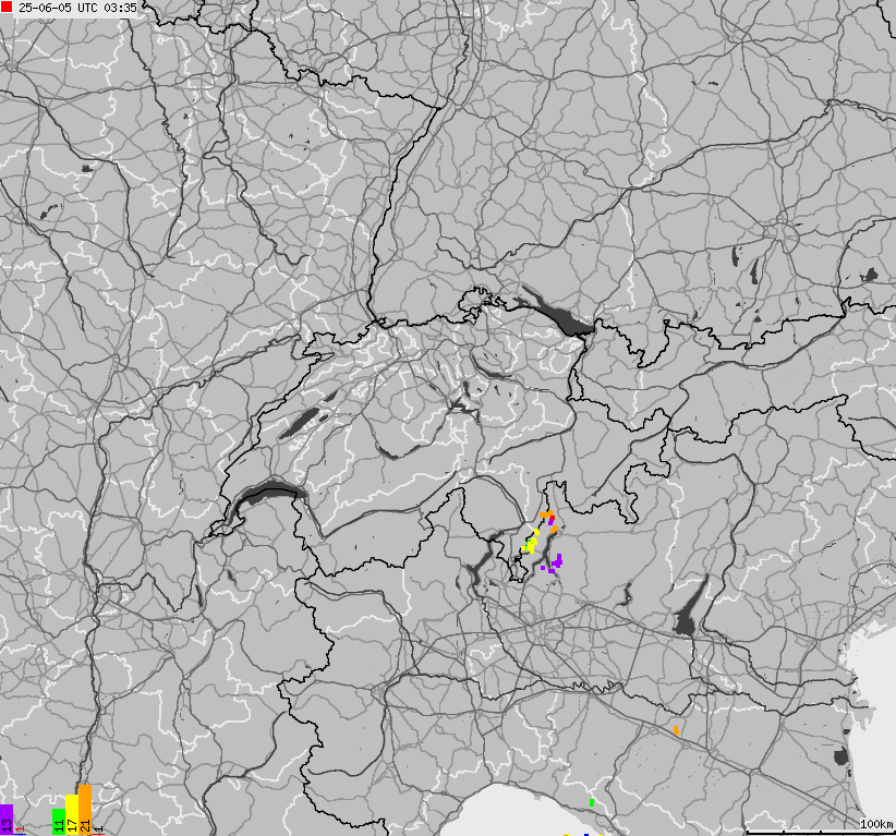 Mapa wyładowań atmosferycznych na obszarze Szwajcarii i Liechtensteinu