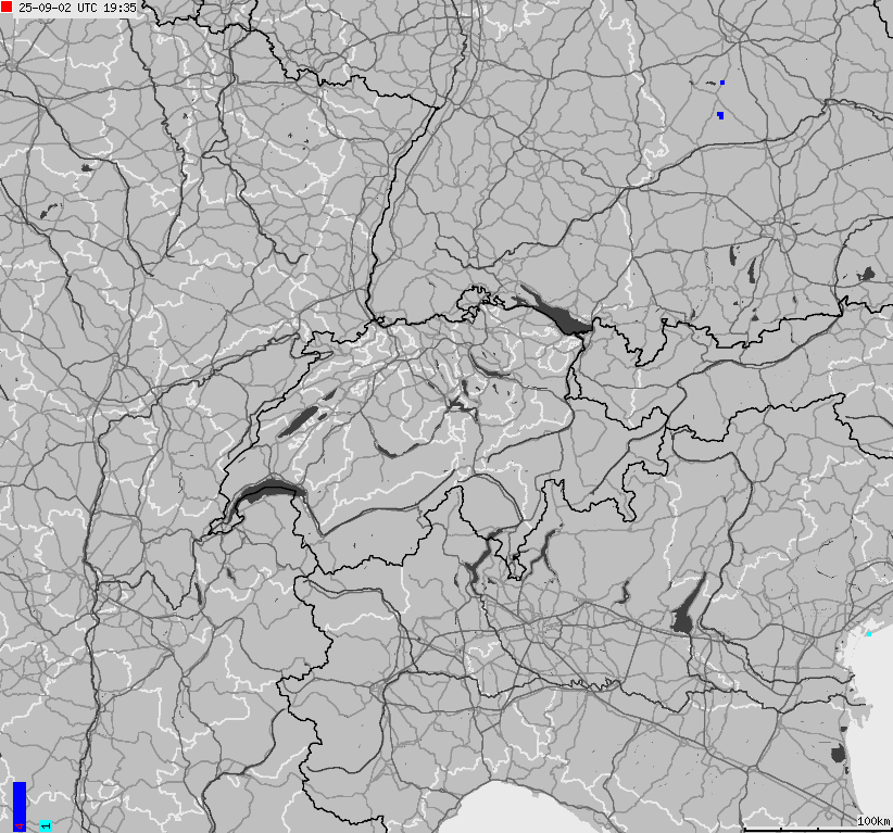 Mapa wyładowań atmosferycznych na obszarze Szwajcarii i Liechtensteinu