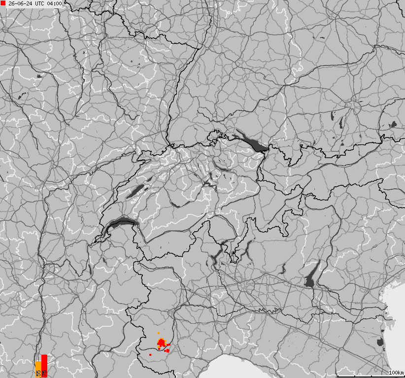 Map of lightnings across Switzerland and Liechtenstein