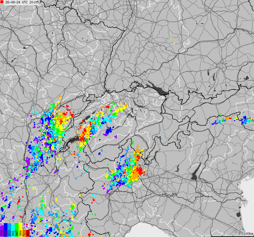 Map of lightnings across Switzerland and Liechtenstein