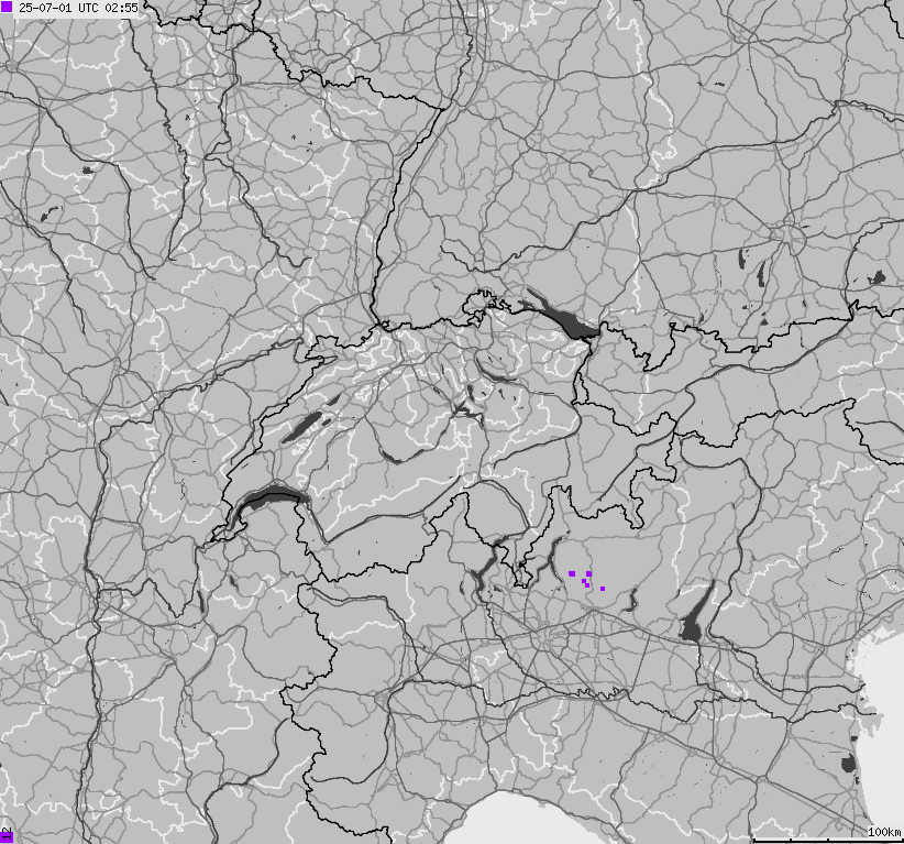 Mapa wyładowań atmosferycznych na obszarze Szwajcarii i Liechtensteinu