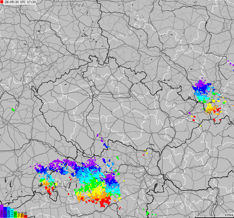 Mapa wyładowań atmosferycznych na obszarze Republiki Czeskiej
