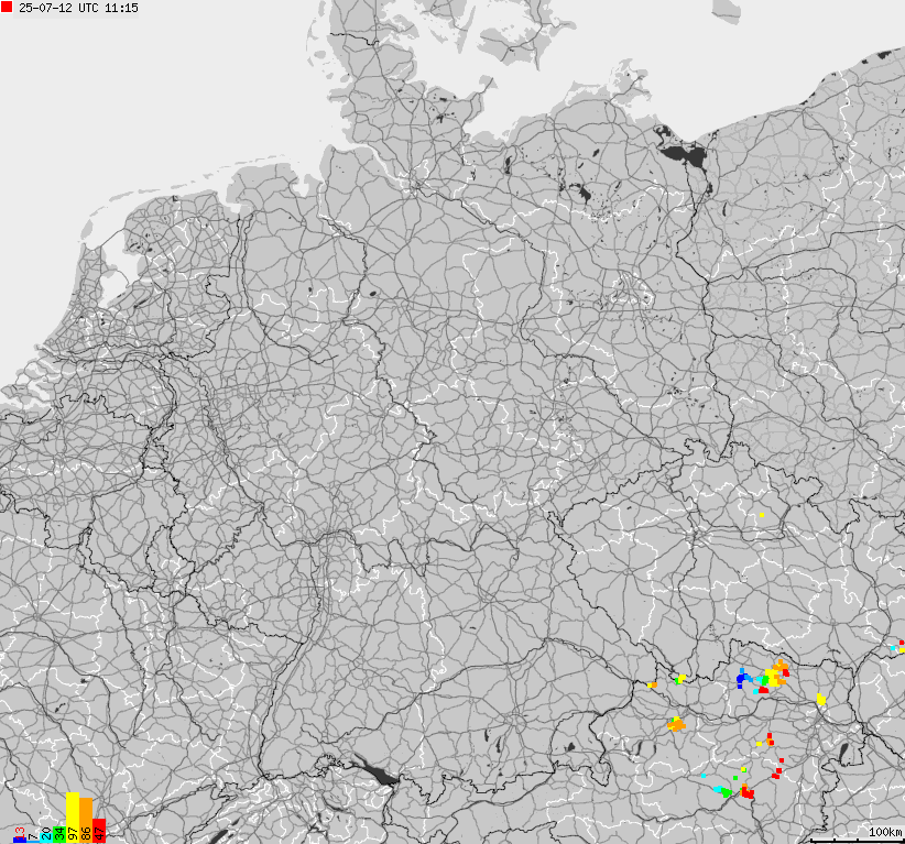 Mapa wyładowań atmosferycznych na obszarze Niemiec