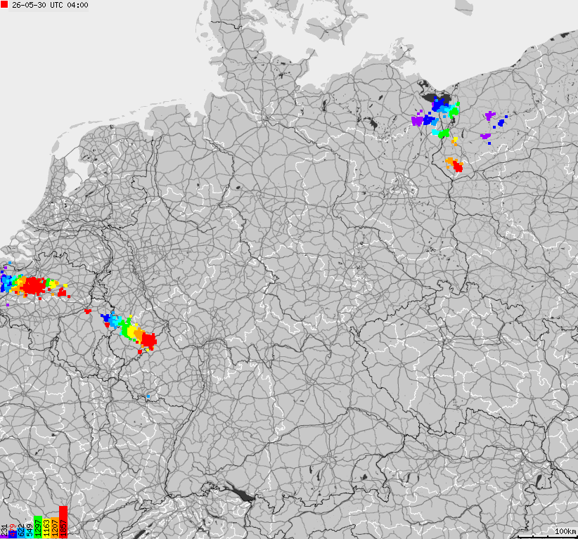Mapa wyładowań atmosferycznych na obszarze Niemiec