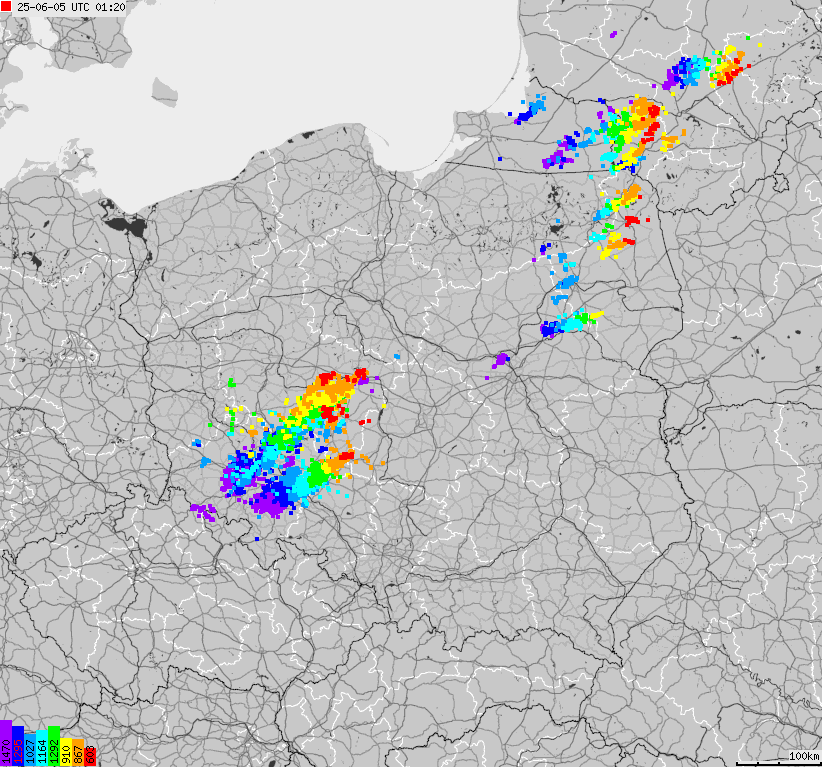 Map of lightnings across Poland