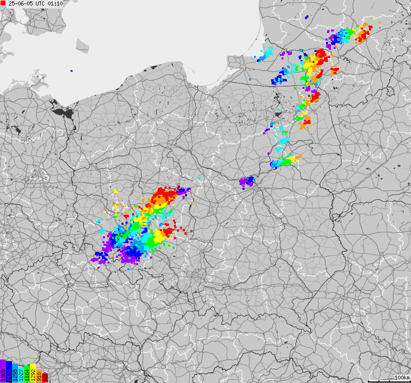 Mapa wyładowań atmosferycznych na obszarze Polski