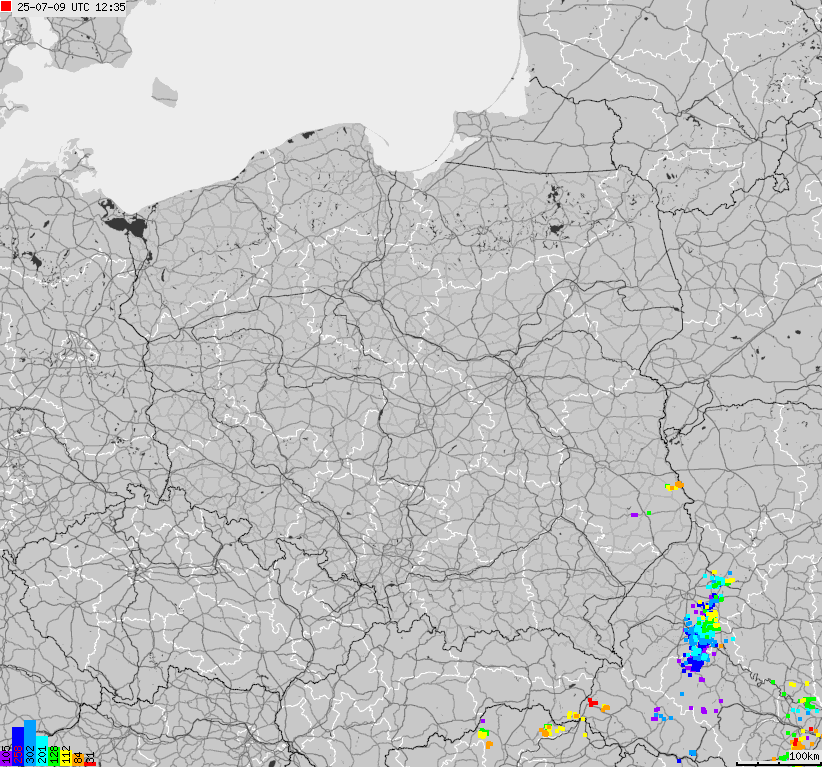 Mapa wyładowań atmosferycznych na obszarze Polski