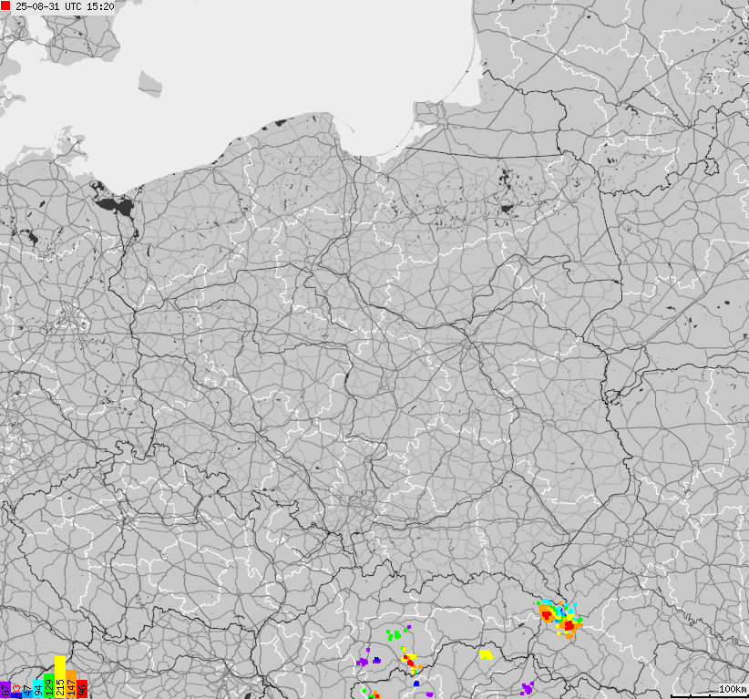 Mapa wyładowań atmosferycznych na obszarze Polski