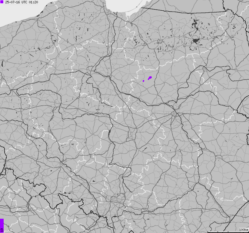 Mapa wyładowań atmosferycznych na obszarze Polski