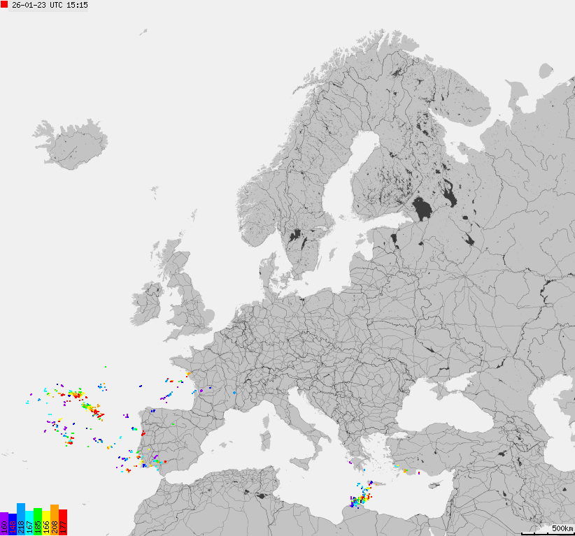 Mapa wyładowań atmosferycznych na obszarze Europy