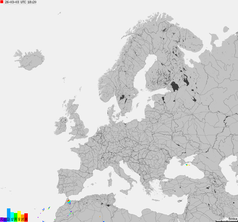 Mapa wyładowań atmosferycznych na obszarze Europy