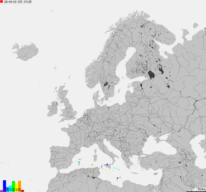 Mapa wyładowań atmosferycznych na obszarze Europy