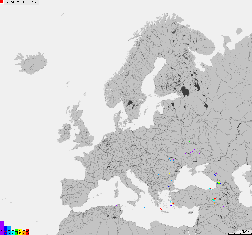 Mapa wyładowań atmosferycznych na obszarze Europy