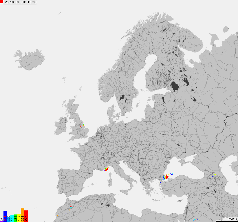 Mapa wyładowań atmosferycznych na obszarze Europy